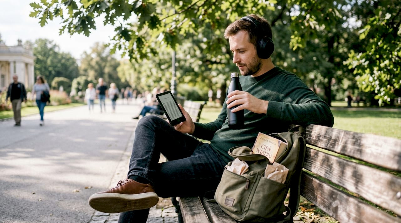Mężczyzna ćwiczy czytanie i słuchanie podczas spaceru po parku.