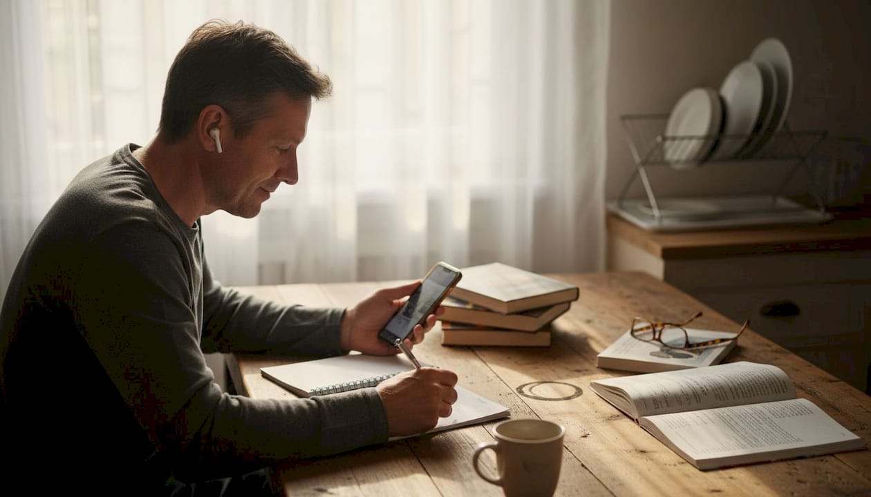 Mężczyzna siedzi przy kuchennym stole i ćwiczy rozumienie ze słuchu po angielsku.