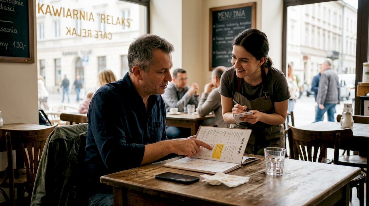 Mężczyzna zamawia kawę po angielsku za granicą