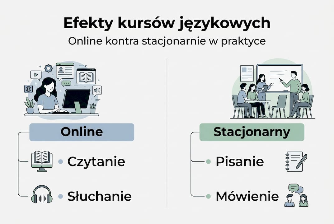 Infografika pokazująca różnice między nauką online a tradycyjnymi zajęciami stacjonarnymi