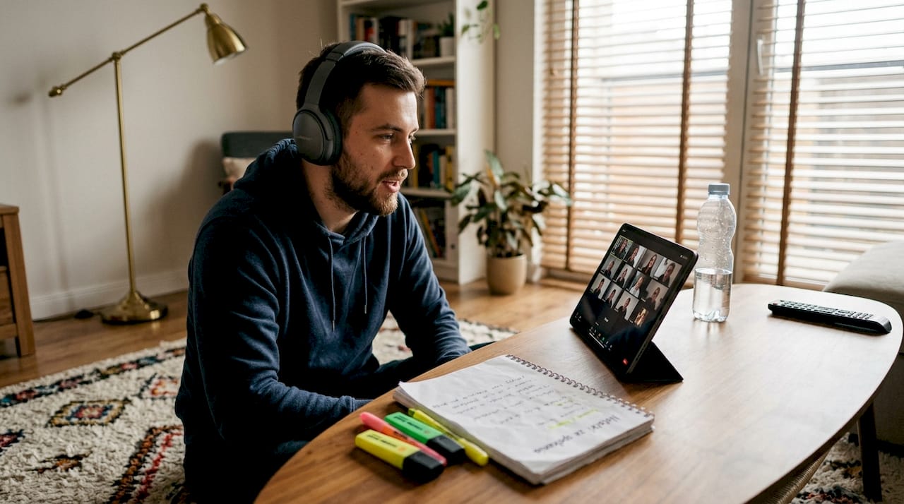 Mężczyzna doskonalący swoją wymowę podczas zajęć online