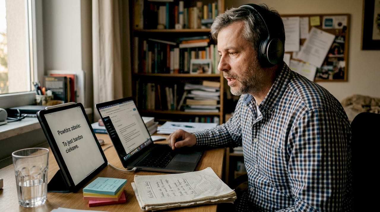 Mężczyzna ćwiczy metodę shadowing, aby poprawić swoją znajomość angielskiego.