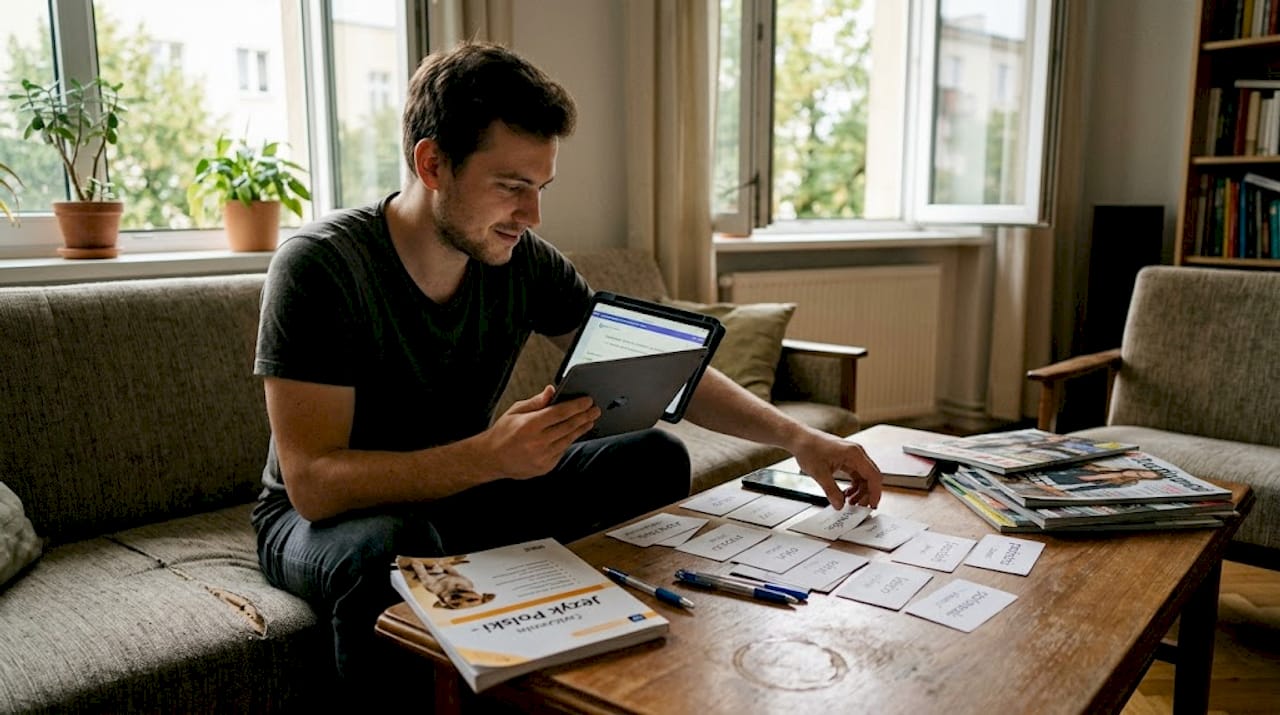Mężczyzna uczy się angielskiego, korzystając z tabletu i fiszek.