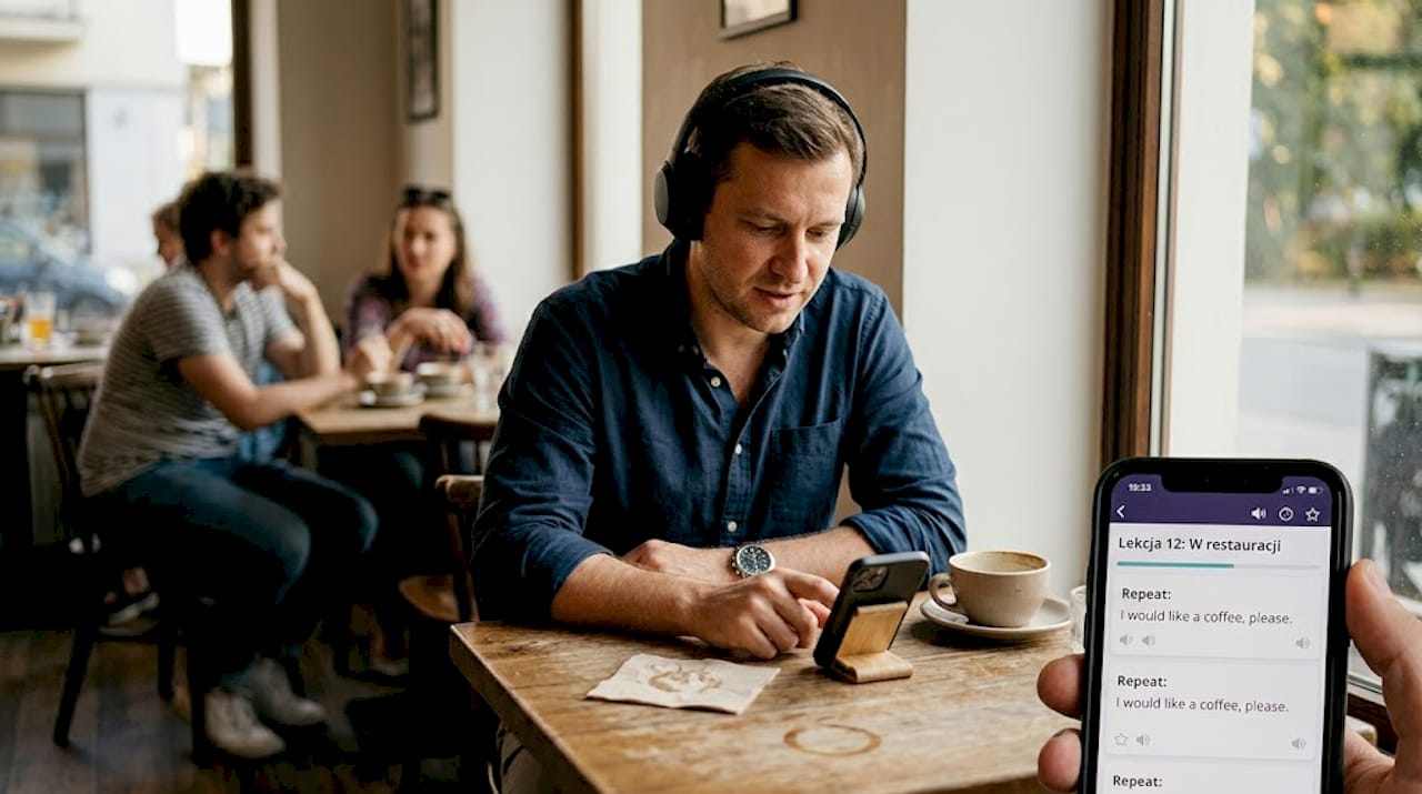 Mężczyzna ćwiczy angielski w pobliskiej kawiarni