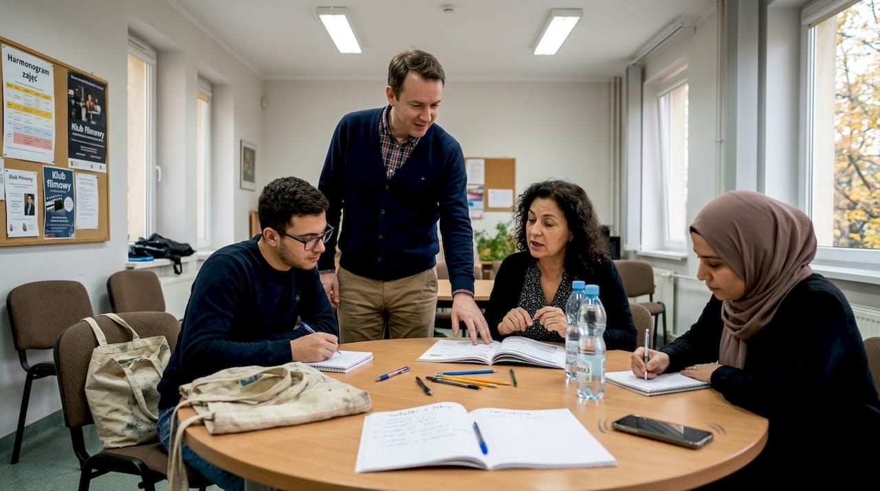 Nauczyciel języka angielskiego wspiera dorosłych kursantów podczas zajęć.