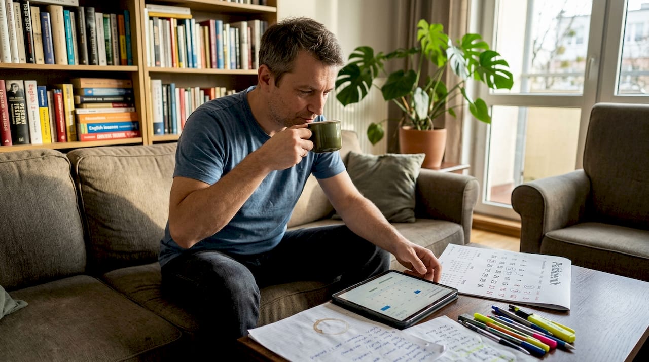 Mężczyzna dostosowuje harmonogram kursu angielskiego do swoich potrzeb