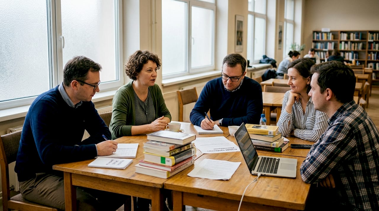 Dorośli biorący udział w grupowych warsztatach językowych