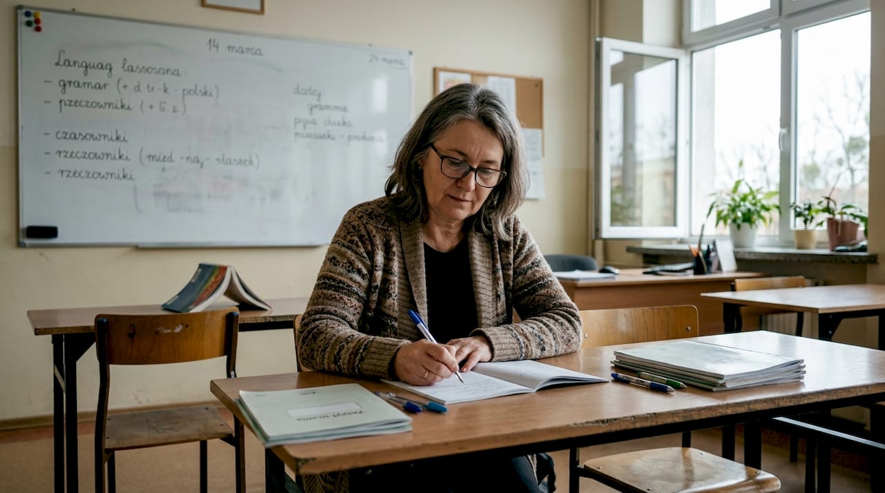 Pani nauczycielka poprawia zeszyty, siedząc samotnie w pustej sali lekcyjnej.