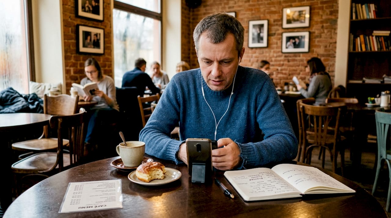 W kawiarni mężczyzna szlifuje swoją angielską konwersację.