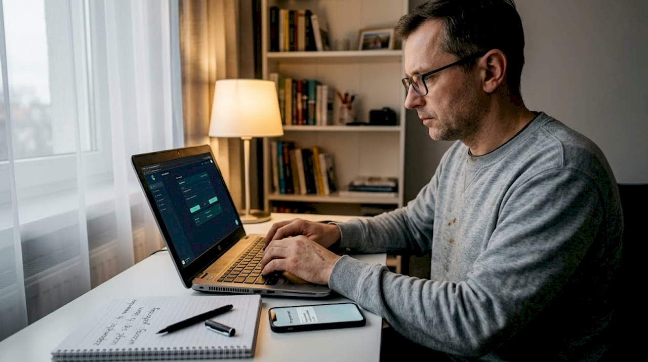 Mężczyzna uczy się angielskich słówek, korzystając z laptopa.