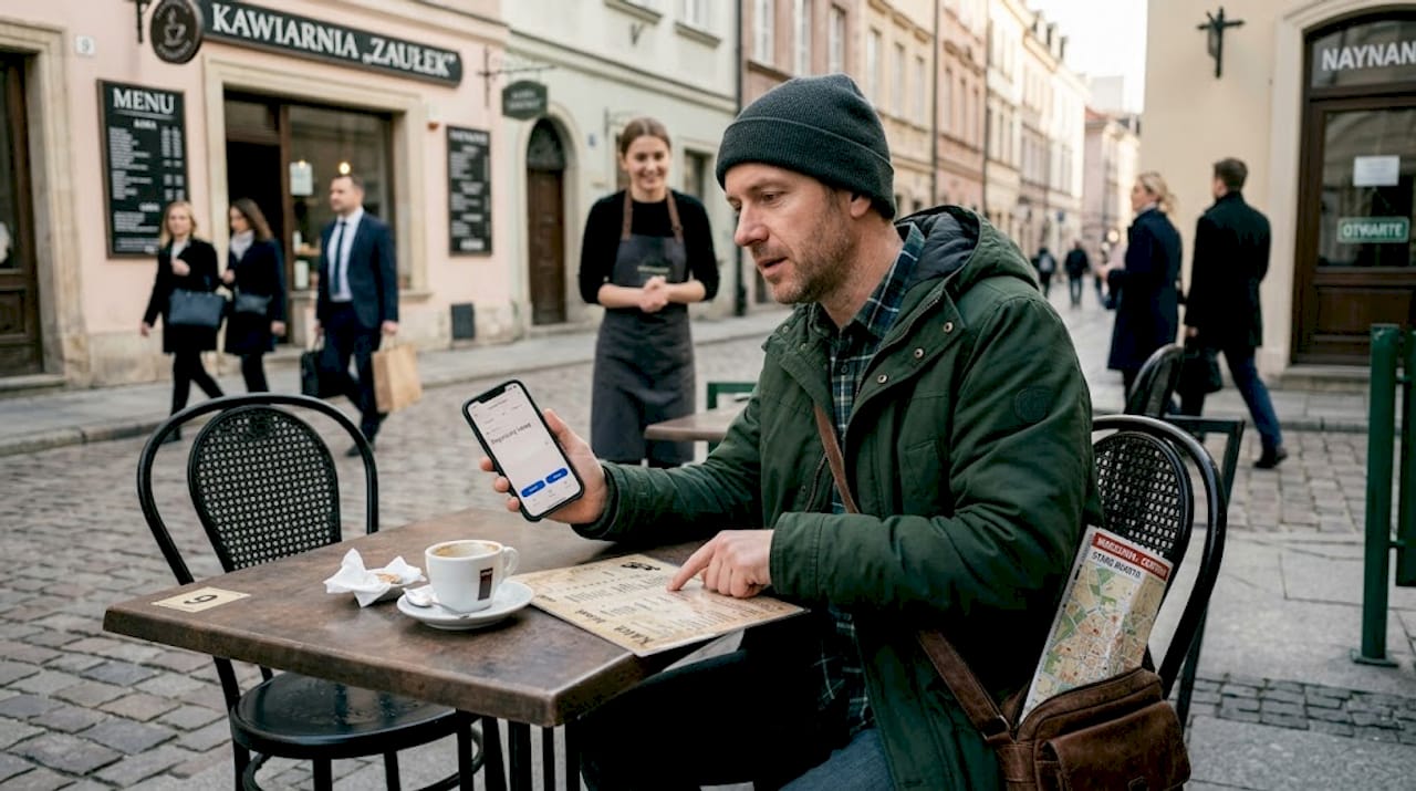 Mężczyzna próbujący odnaleźć się językowo w kawiarni na mieście