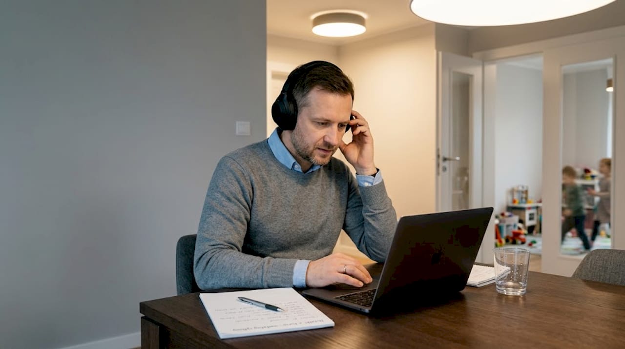 Dorosły siedzi przy stole w salonie, korzystając z kursu online.