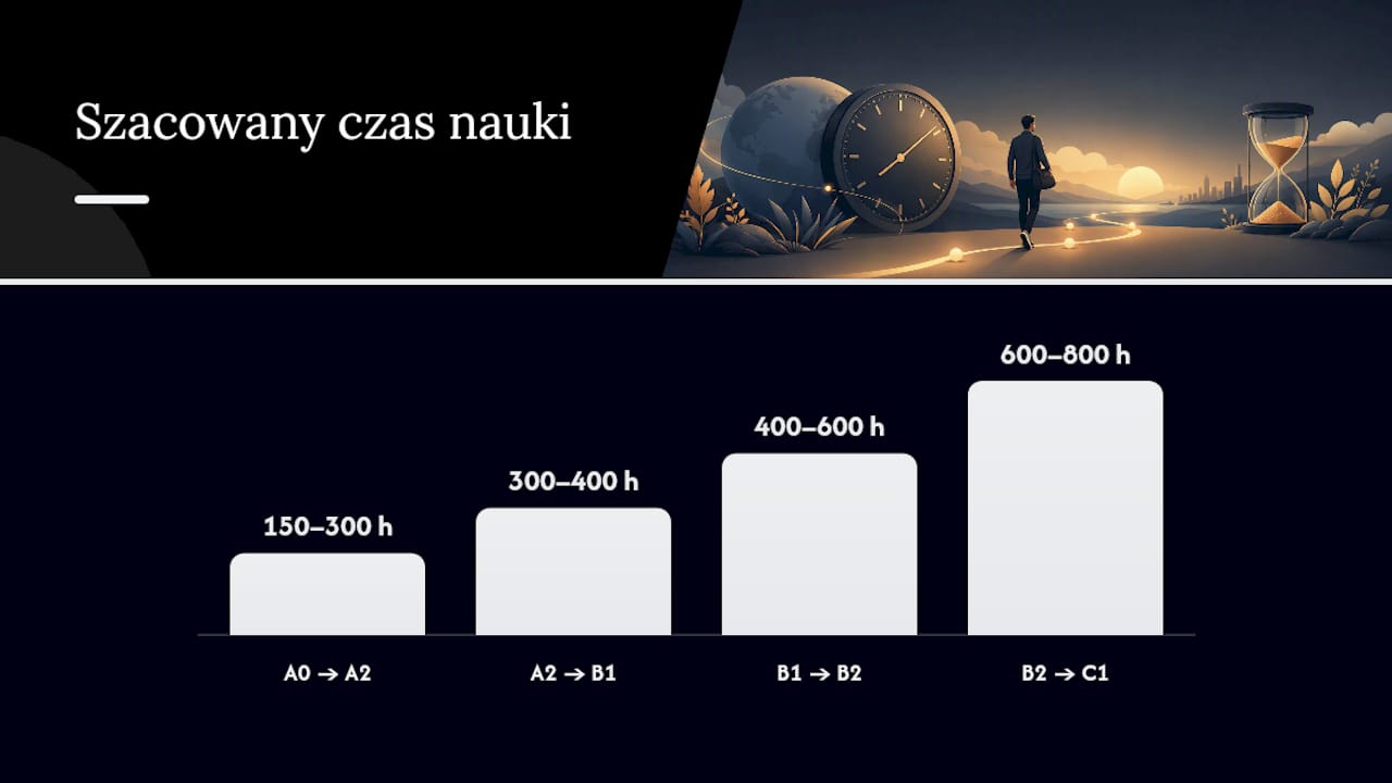 Wykres przedstawiający, ile czasu i pieniędzy potrzeba na opanowanie poszczególnych etapów nauki angielskiego
