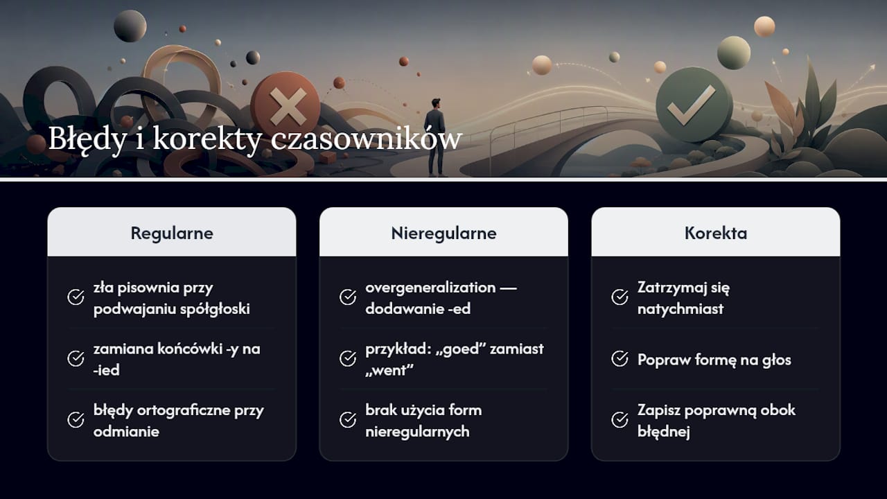 Tabela porównująca błędy i poprawki czasowników