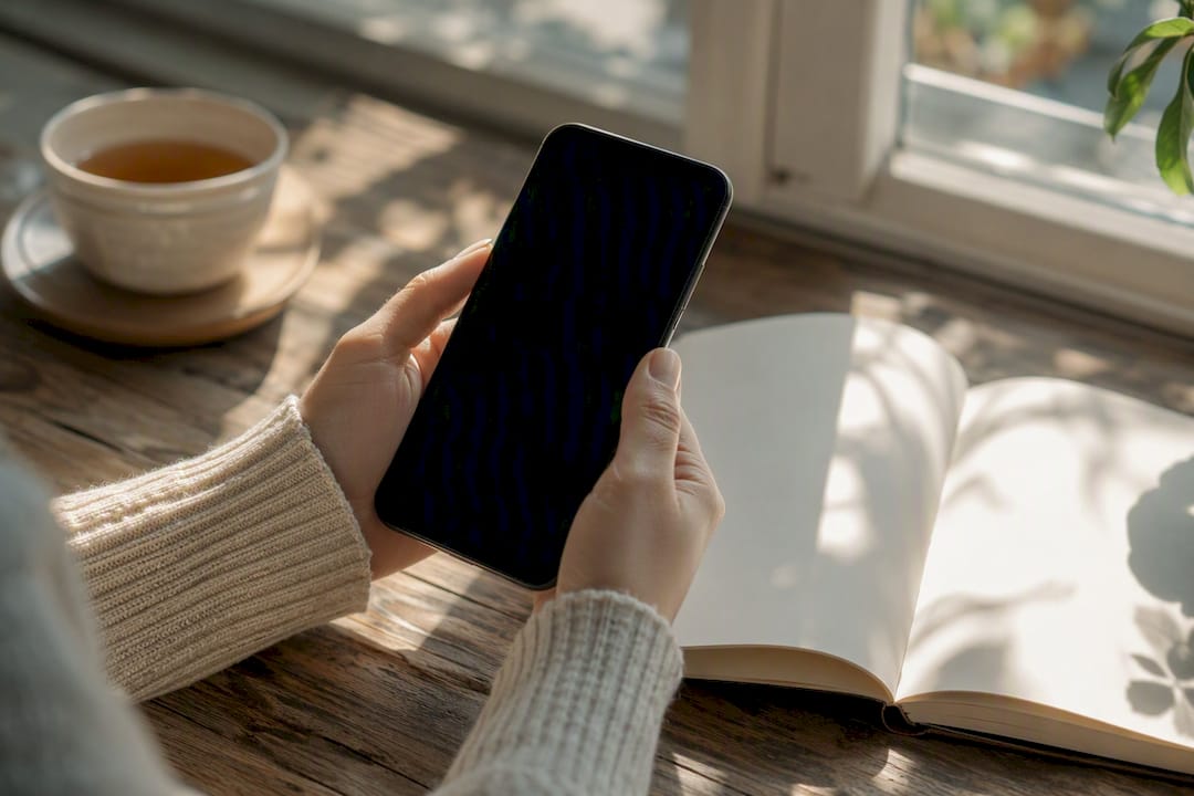 Dłonie trzymające smartfon gotowy do odtworzenia podcastu po angielsku