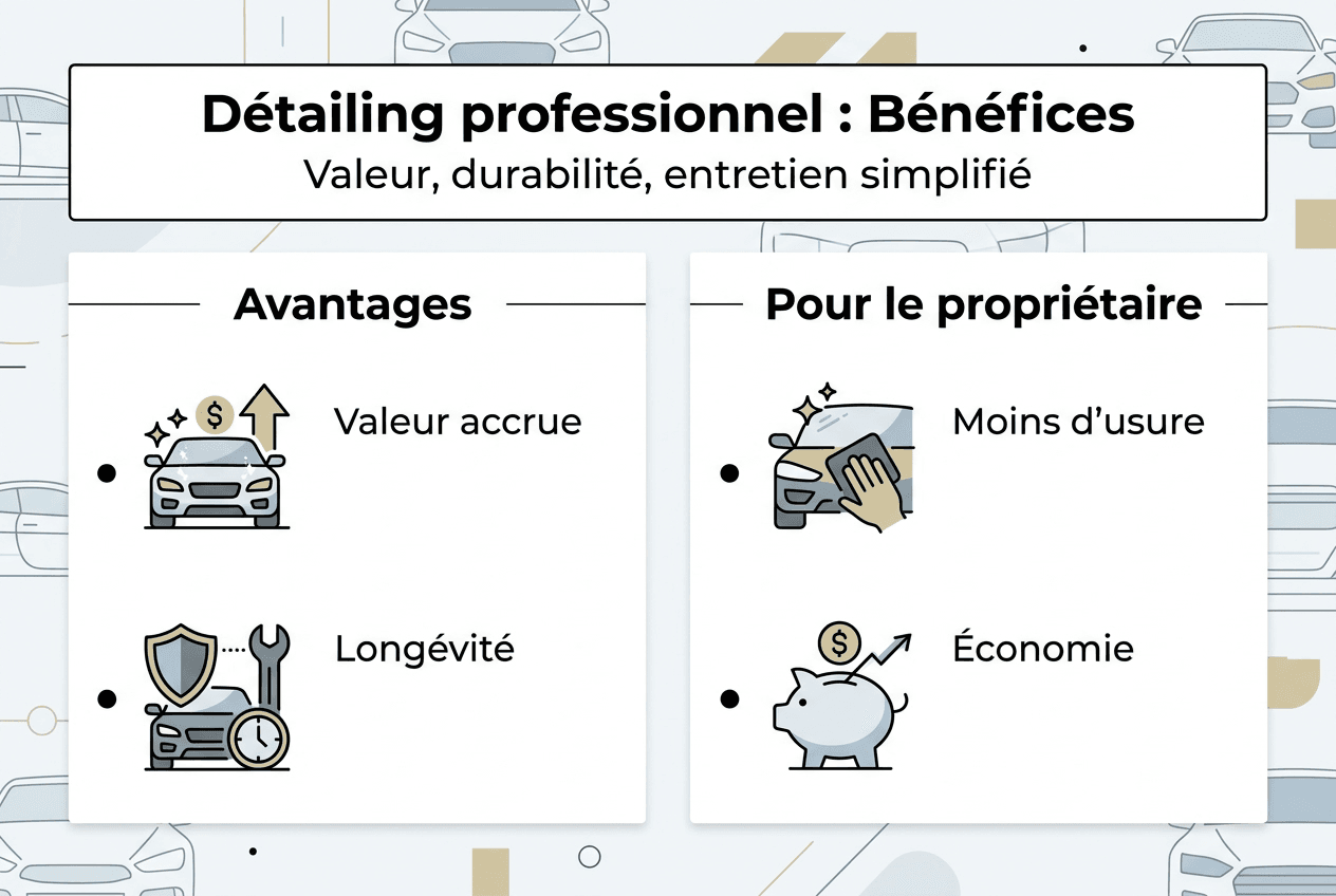 Découvrez en un coup d’œil tous les avantages du detailing professionnel grâce à notre infographie dédiée.
