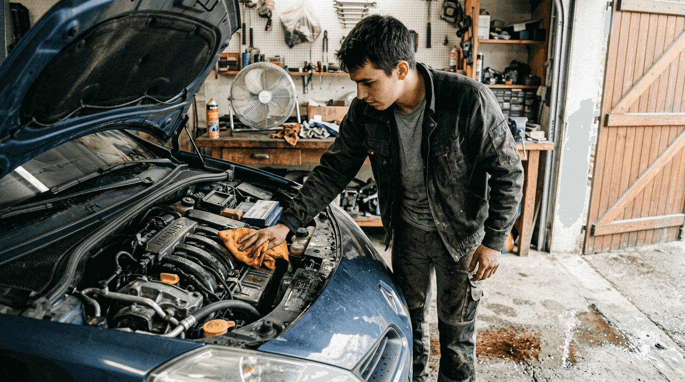 Séchage du moteur à la microfibre après le rinçage