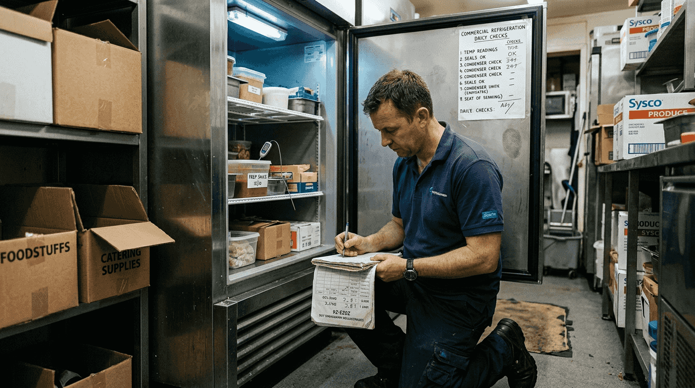 Technician records fridge temperature in storeroom