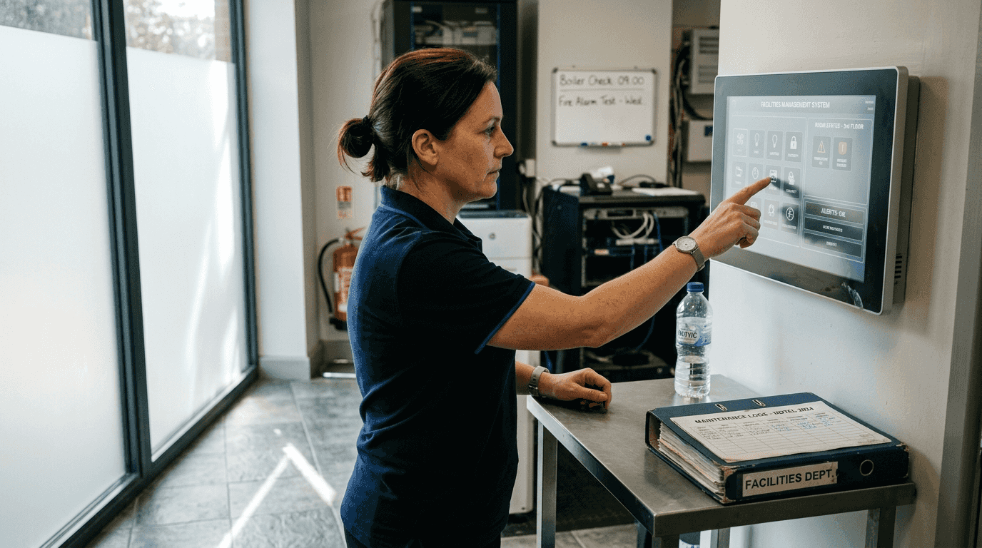 Manager adjusting hotel HVAC control panel