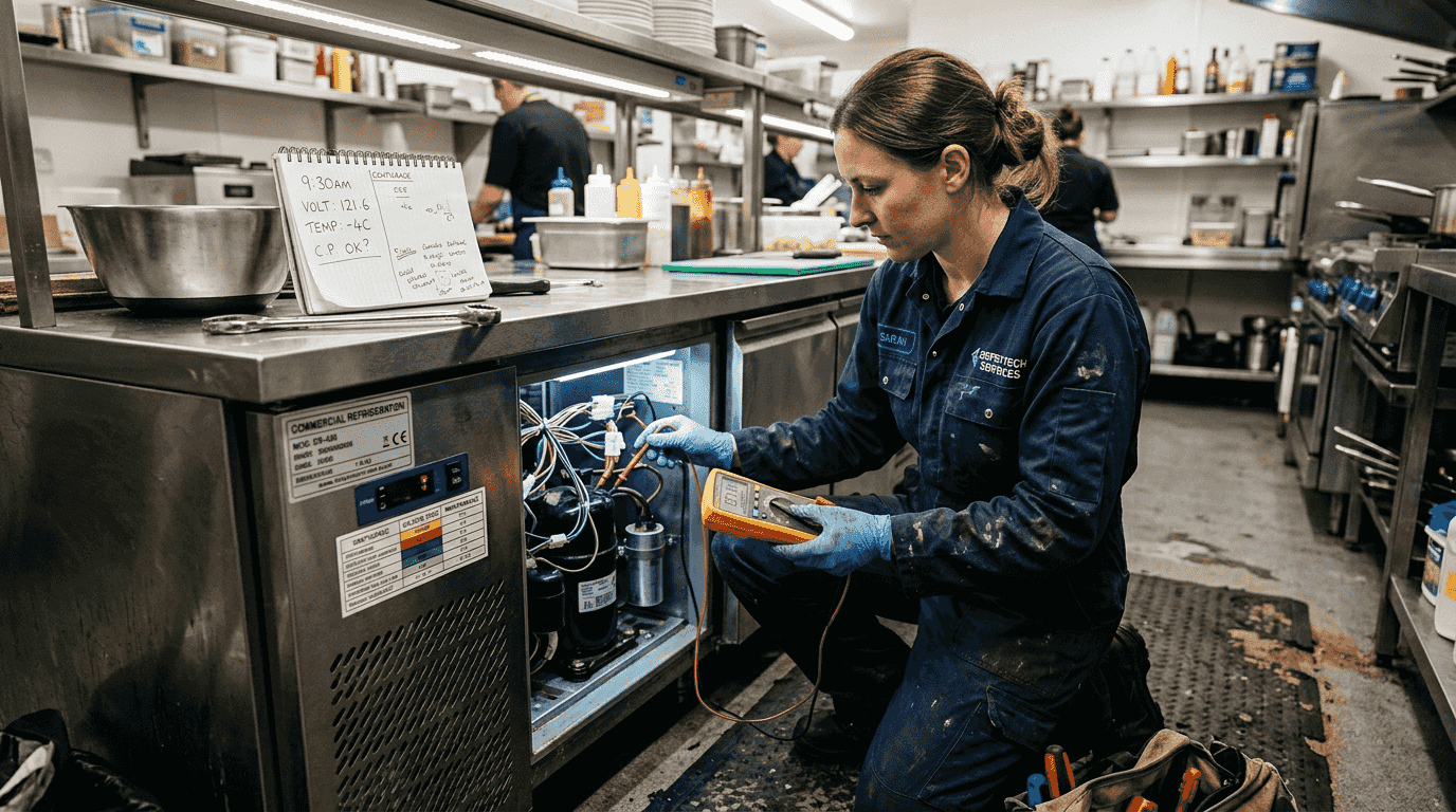 Technician performing fridge maintenance in kitchen