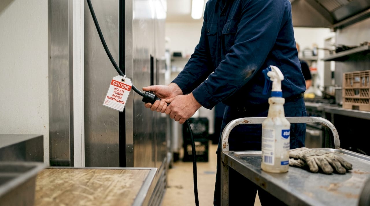 Technician unplugging fridge for safe maintenance