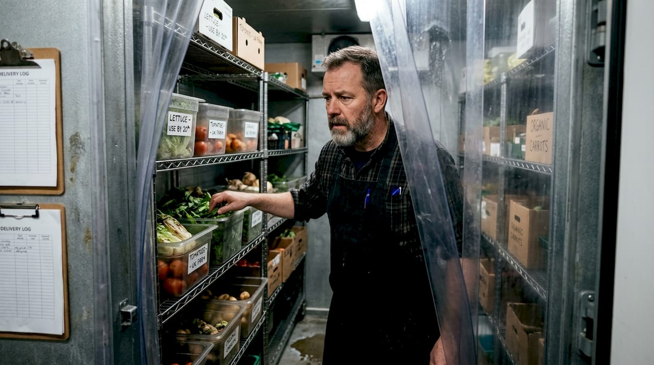 Owner inspecting spoiled food in walk-in fridge