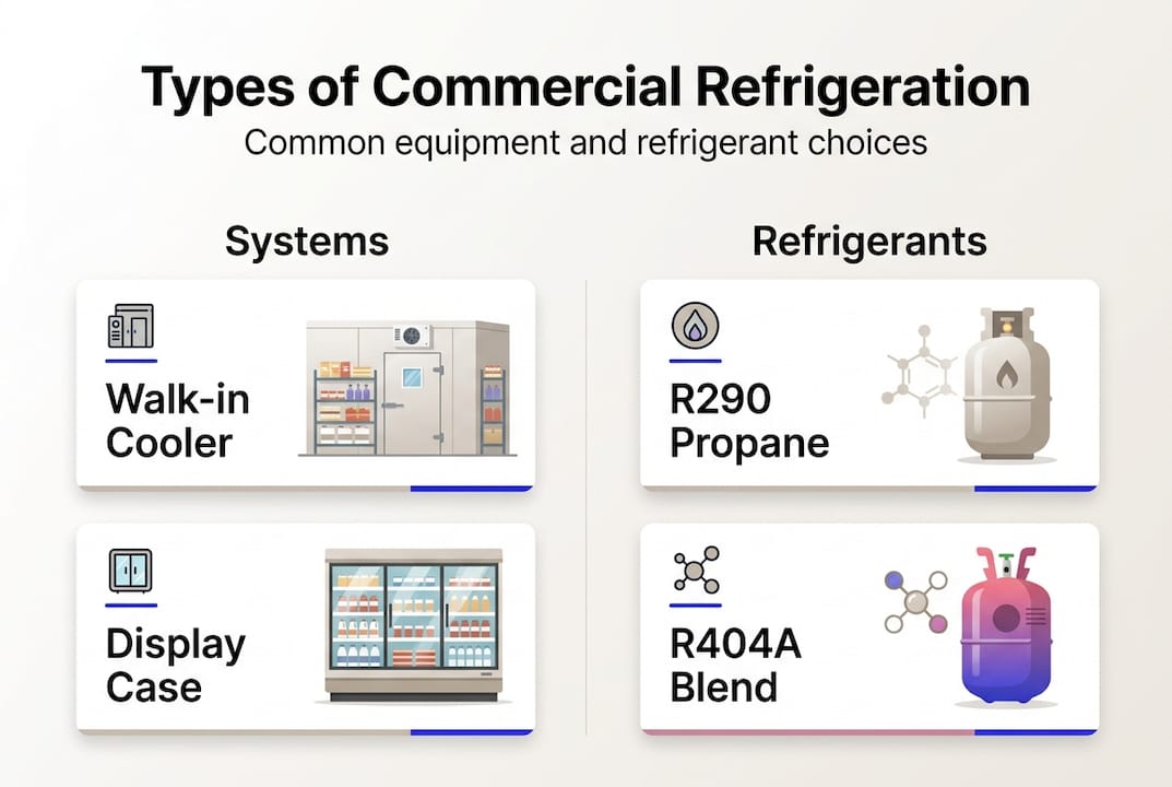 Infographic comparing refrigeration systems and refrigerants
