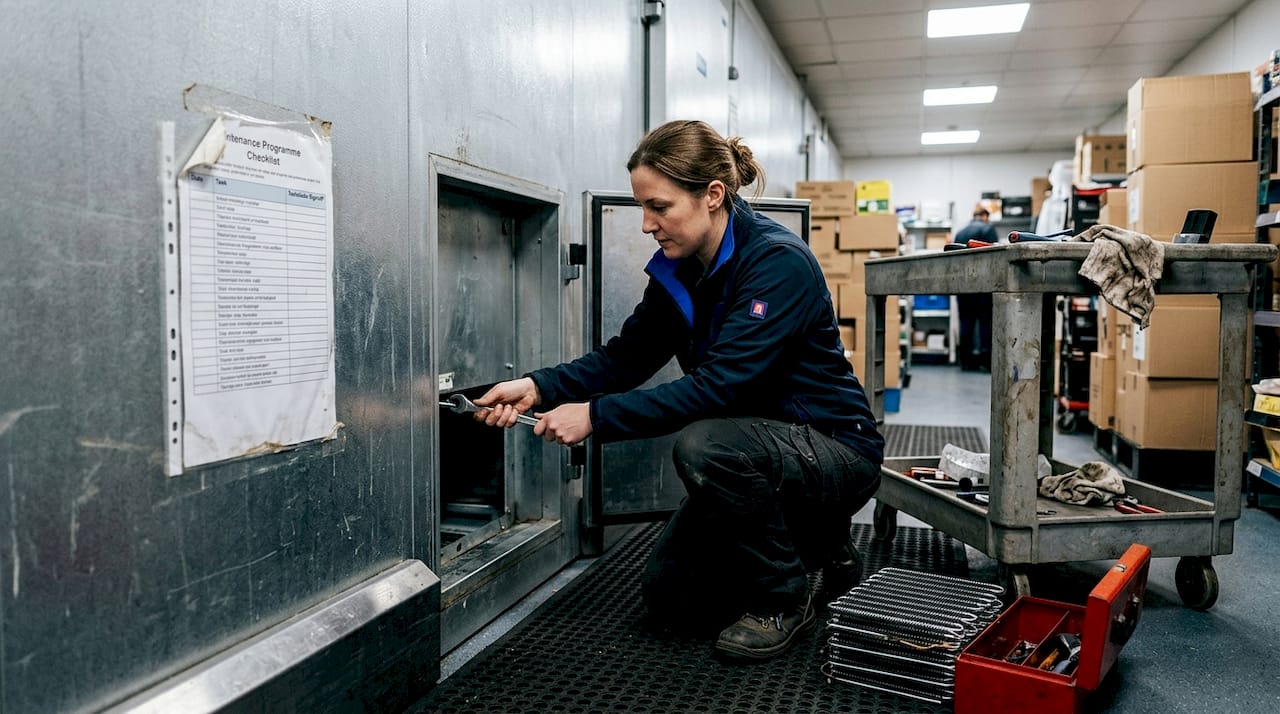 Technician repairing walk-in fridge in backroom