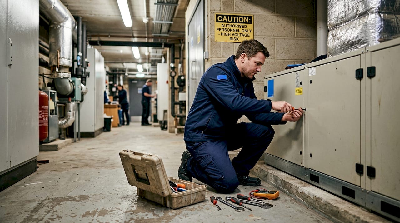 Commercial technician works on HVAC unit
