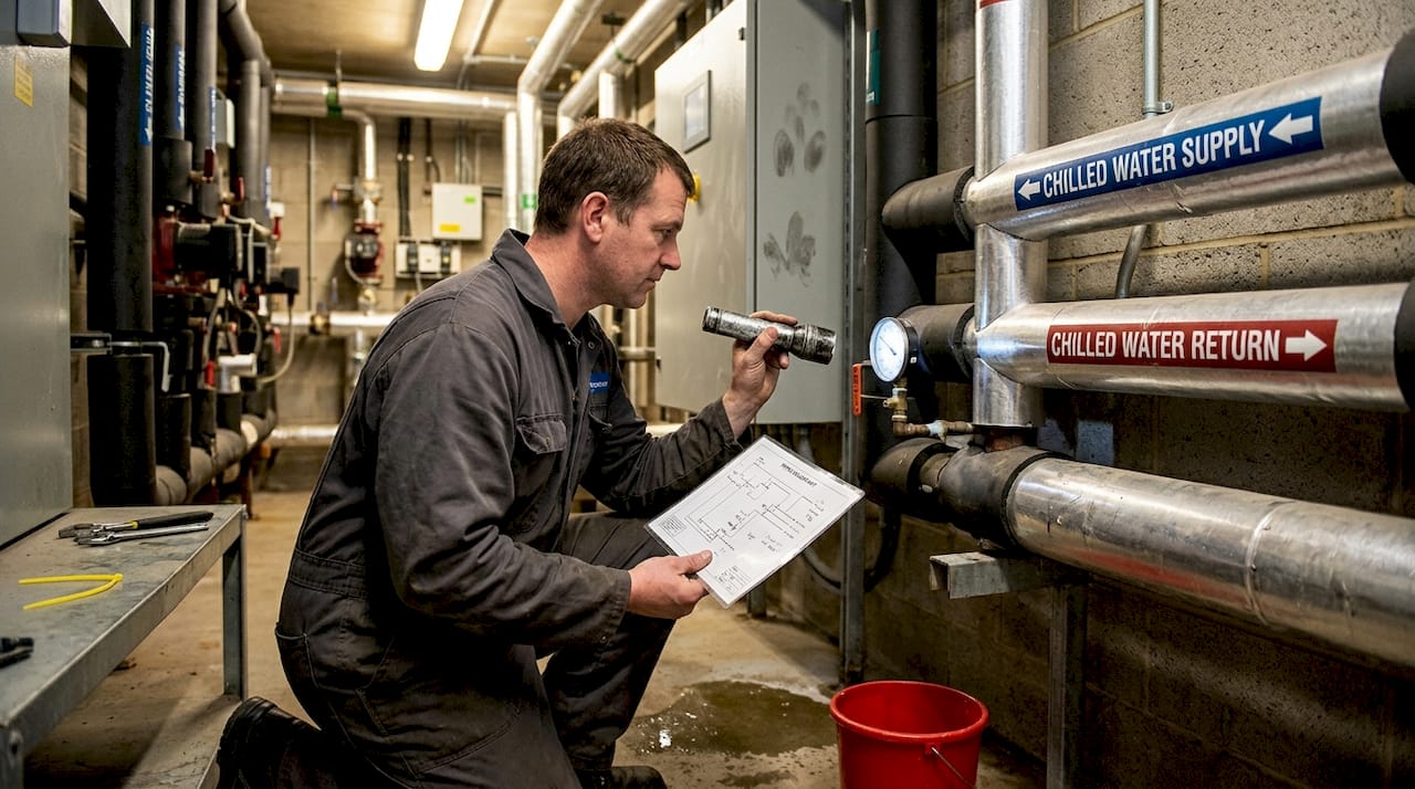Technician inspecting hotel chilled water system pipes