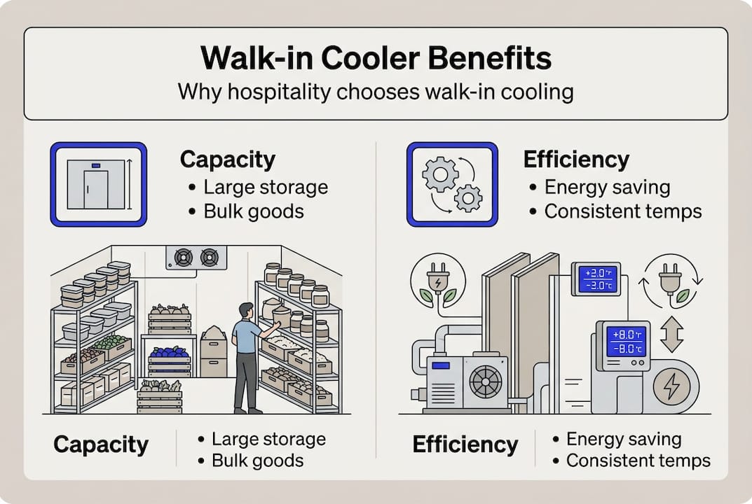 Infographic illustrating walk-in cooler key benefits