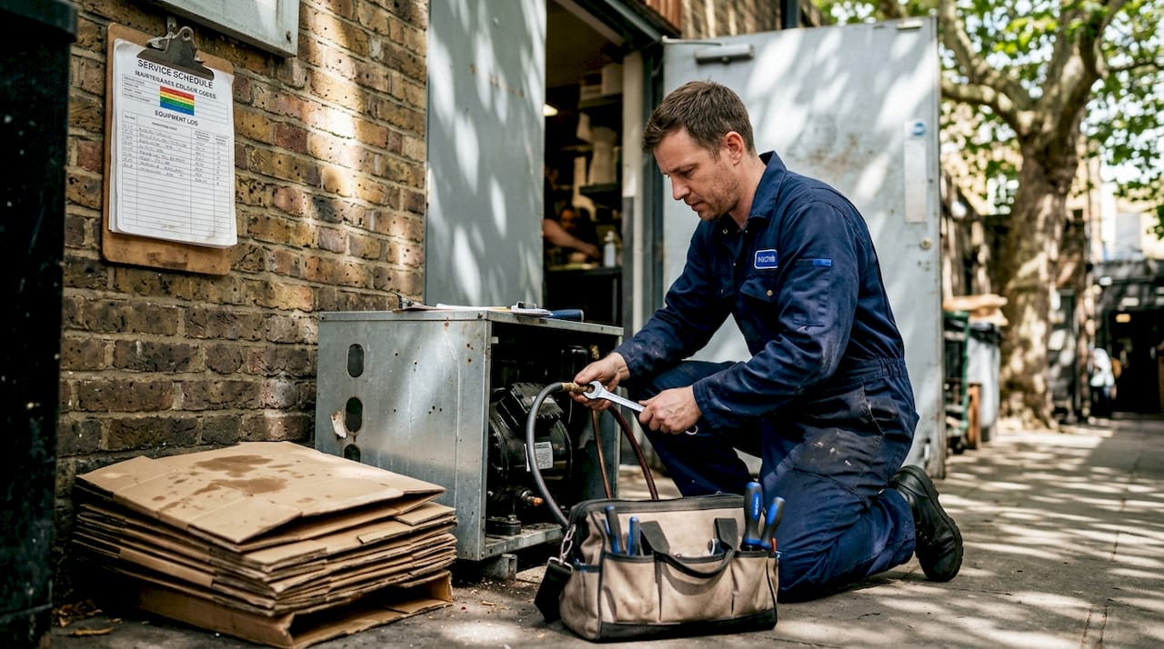 Technician servicing walk-in cooler compressor