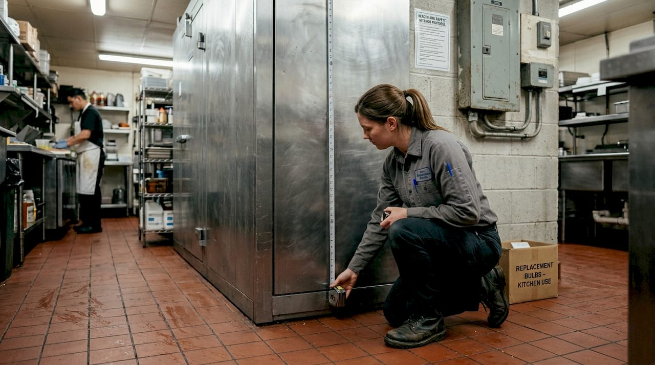 Technician measures restaurant walk-in refrigerator clearance