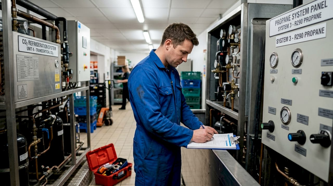 Technician inspects CO2 and propane refrigeration units