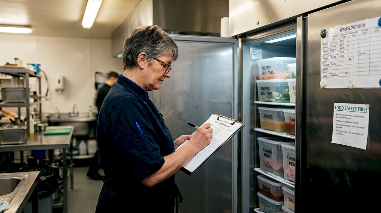 Supervisor filling refrigeration cleaning log checklist