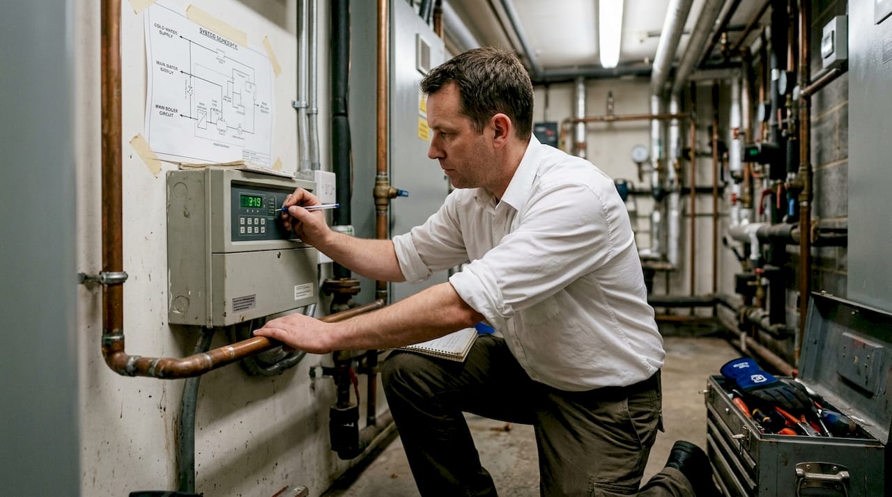 Hotel engineer analyzing refrigeration system