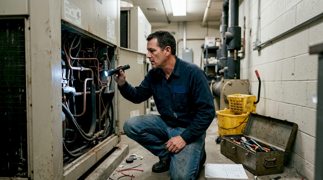 Technician inspecting chiller maintenance panel