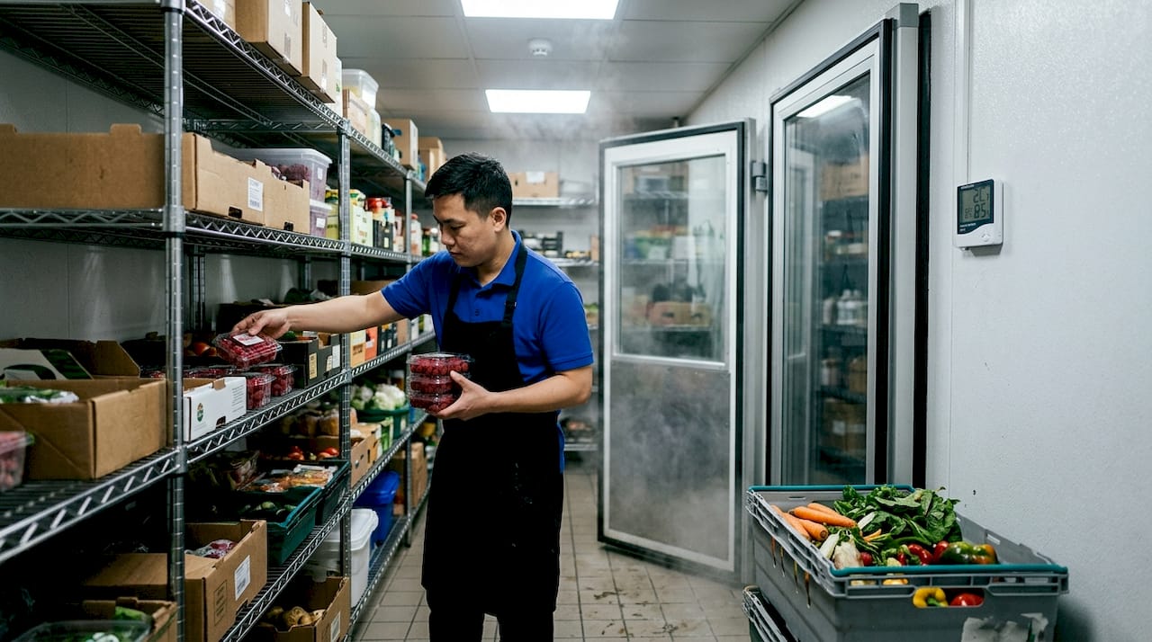 Worker checking food in walk-in fridge with sensors
