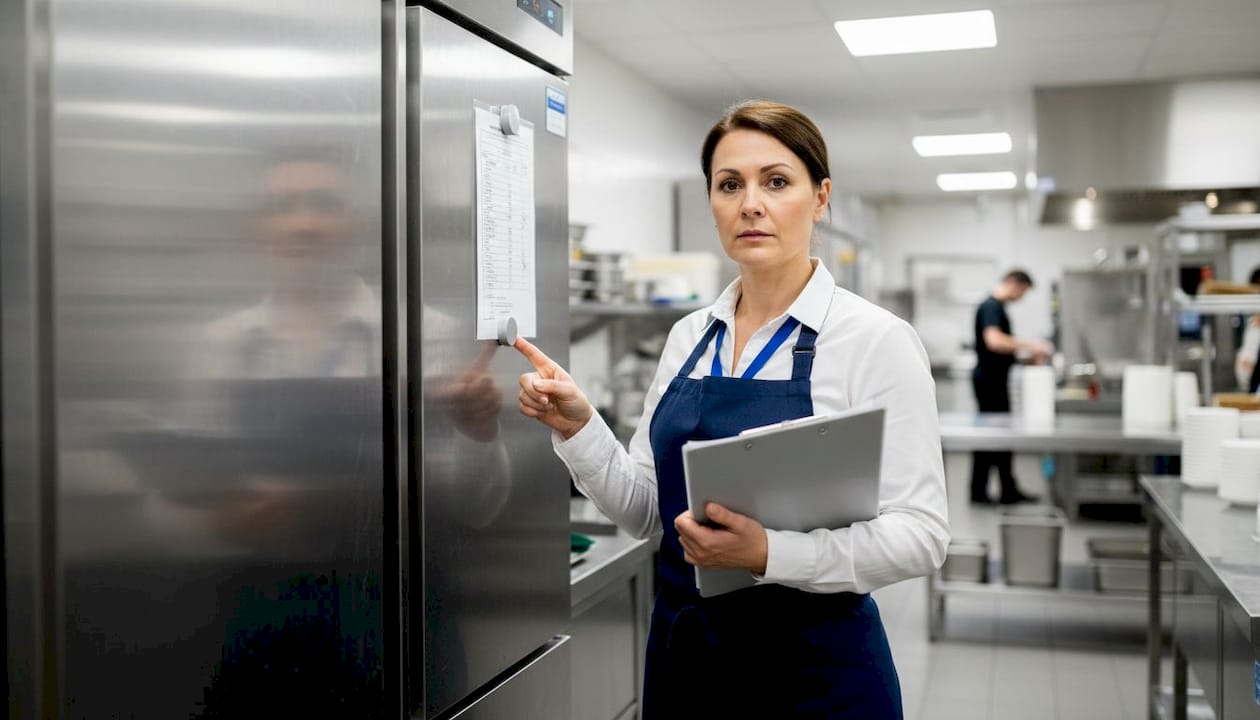 Supervisor checking hotel freezer thermometer