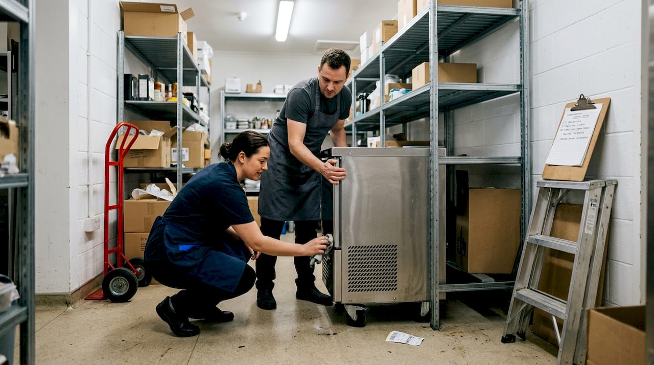 Staff installing self-contained refrigeration unit