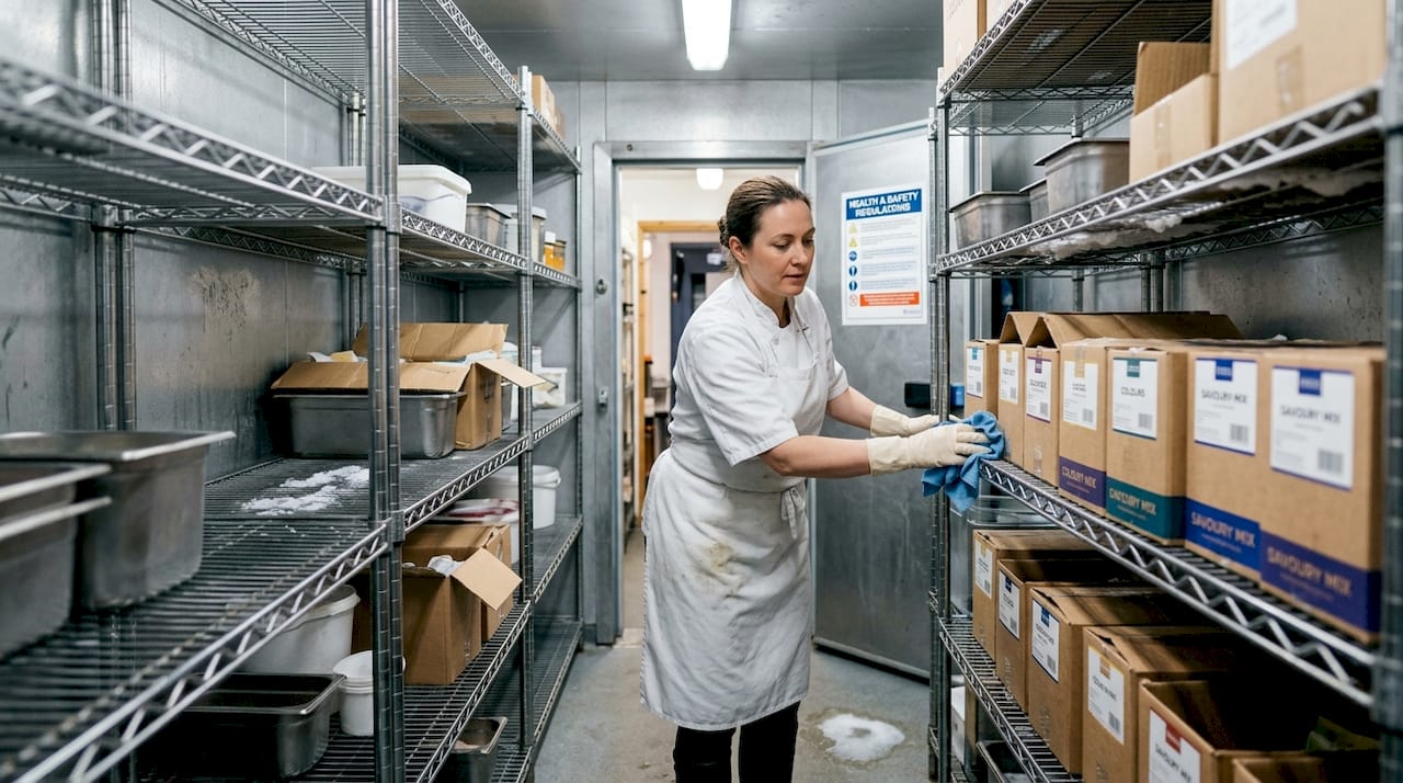 Chef cleans shelving in walk-in freezer