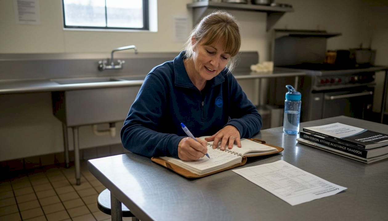 Manager writing in refrigeration maintenance logbook