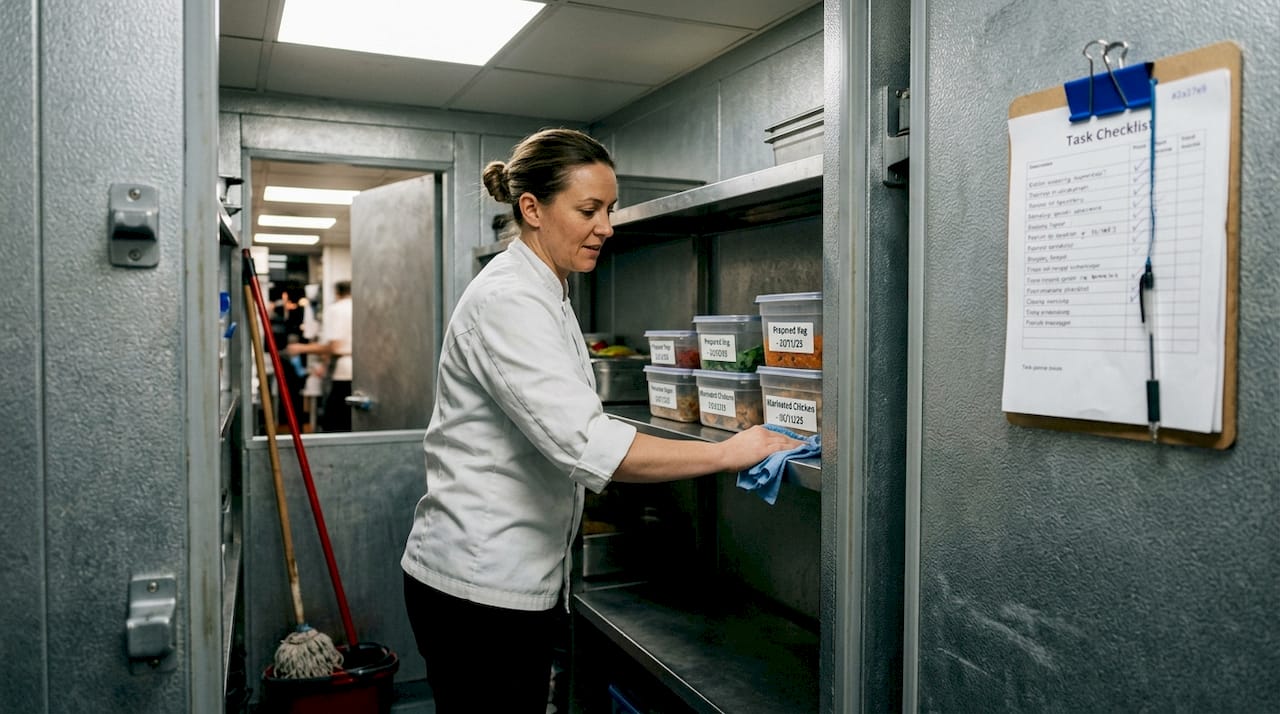Supervisor cleaning walk-in restaurant fridge