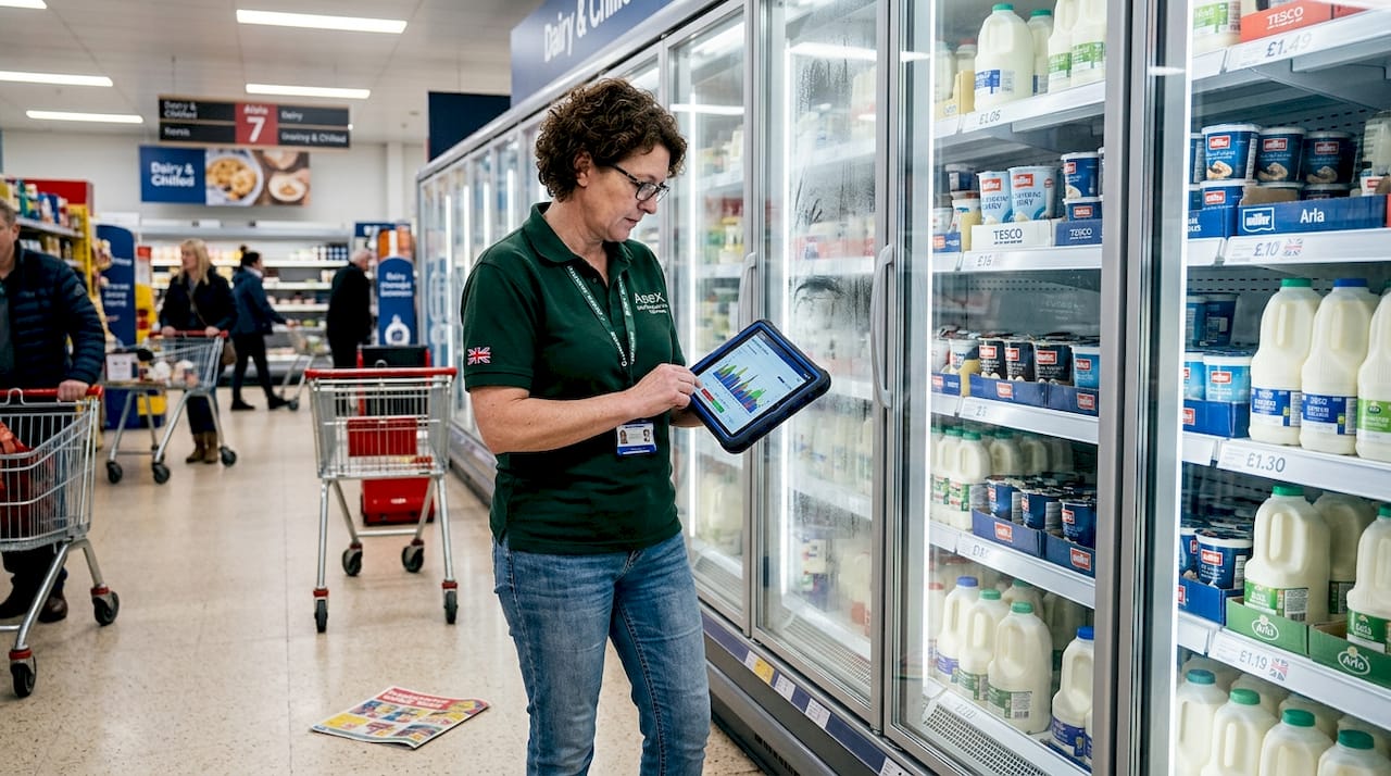 Technician monitoring supermarket refrigeration units