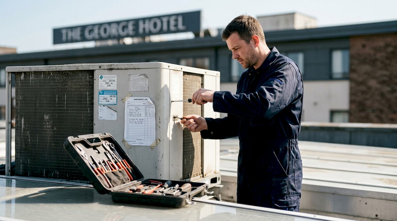 Technician maintaining rooftop HVAC unit