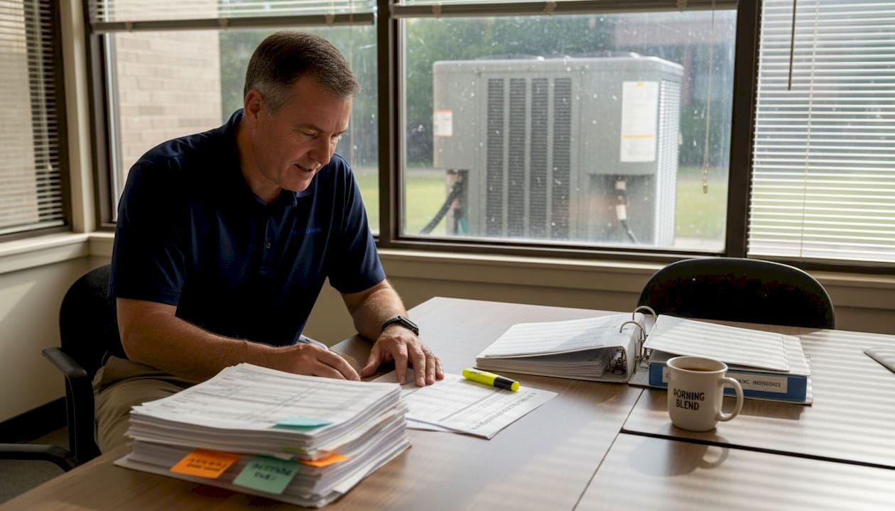 Manager reviewing HVAC compliance forms on table