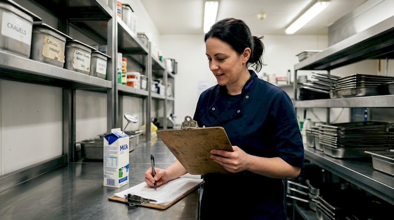 Manager records food temperatures on clipboard