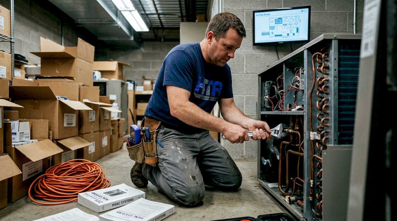 HVAC technician repairs retail climate system