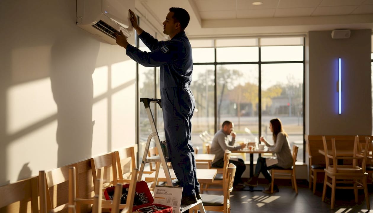 HVAC technician installs split AC in restaurant