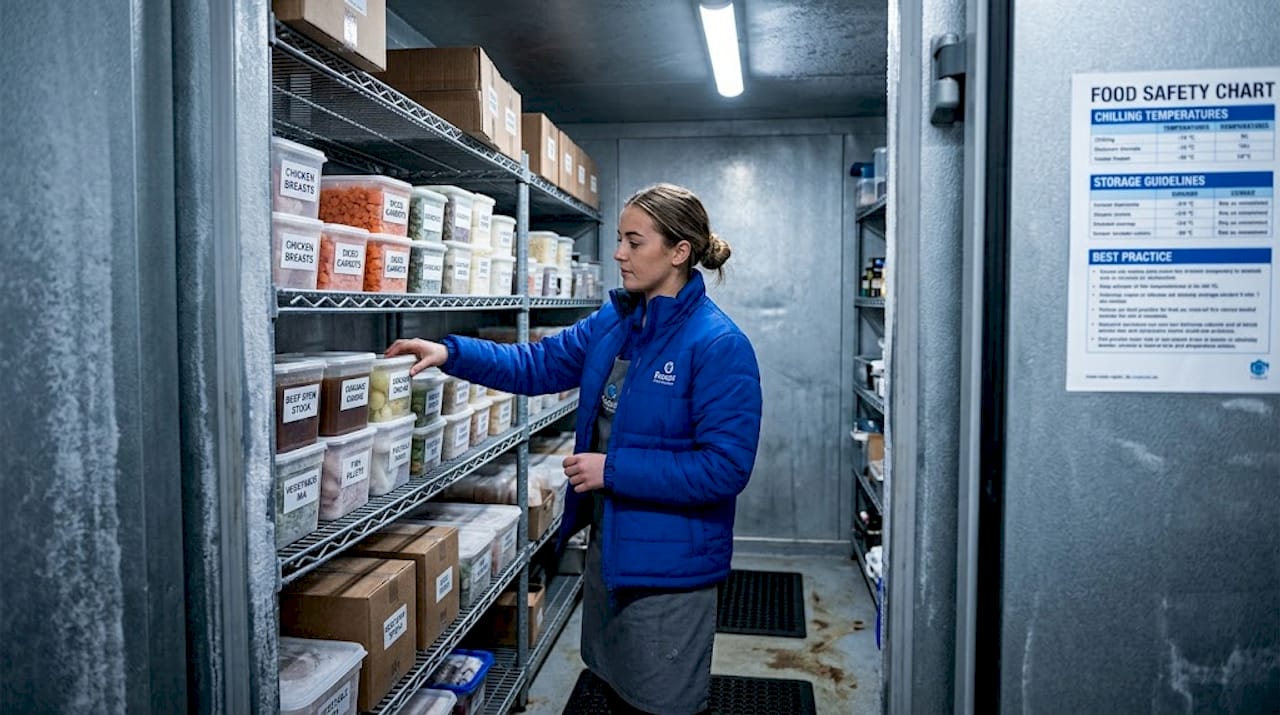 Organised shelves inside a walk-in freezer